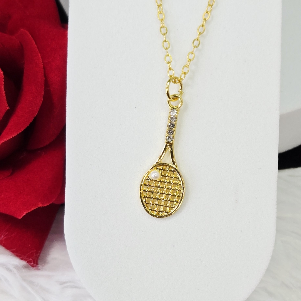 Gold Tennis Racket Pendant Necklace Crystal & Pearl Tennis Jewelry Gift Sporty